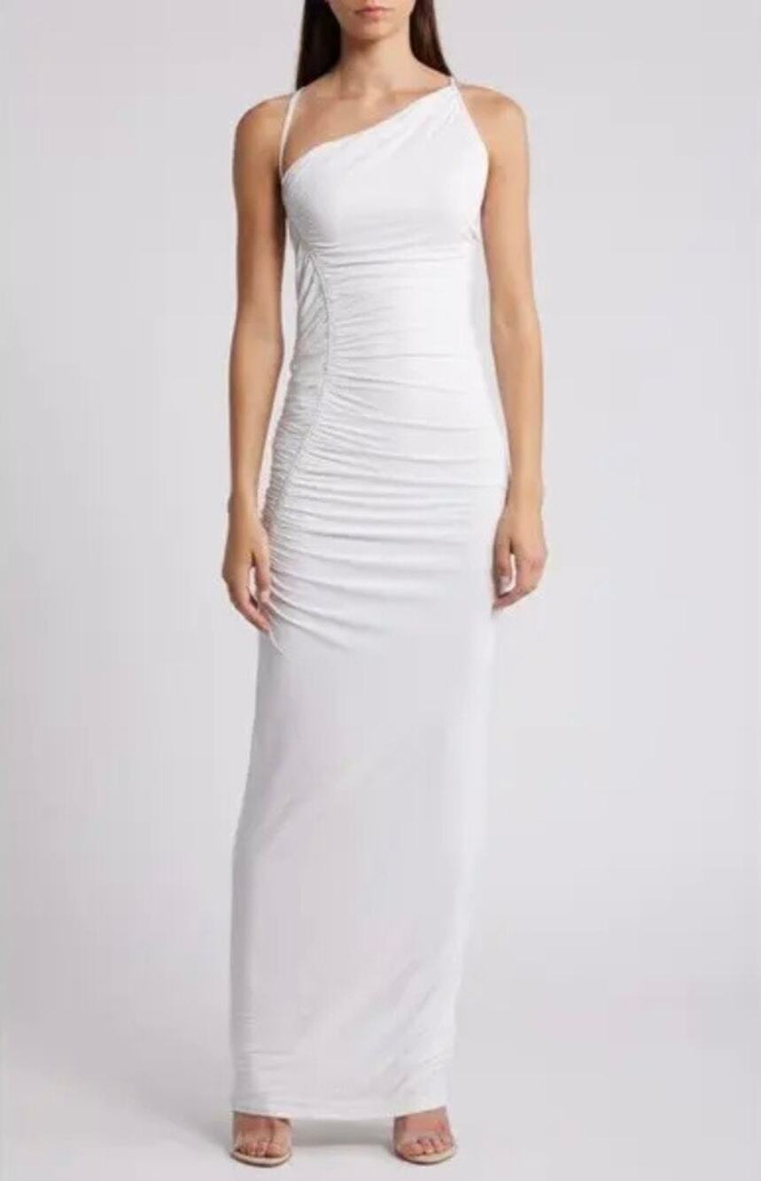 Naked Wardrobe White Ruched Asymmetric Neckline Open Back Maxi Dress Size Large